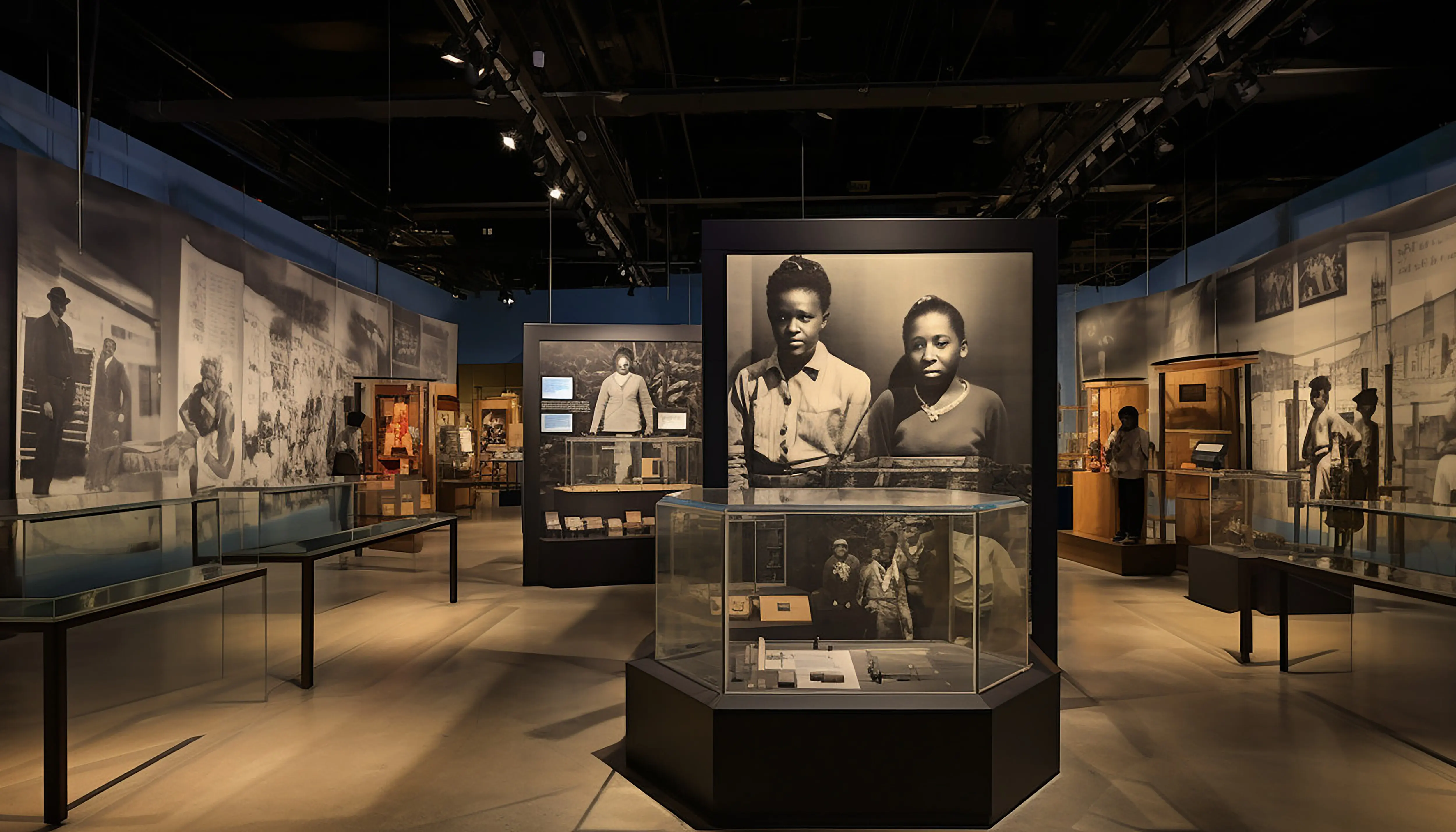 Eine der afroamerikanischen Erfahrung gewidmete Ausstellung mit Besuchern, die tief versunken sind.