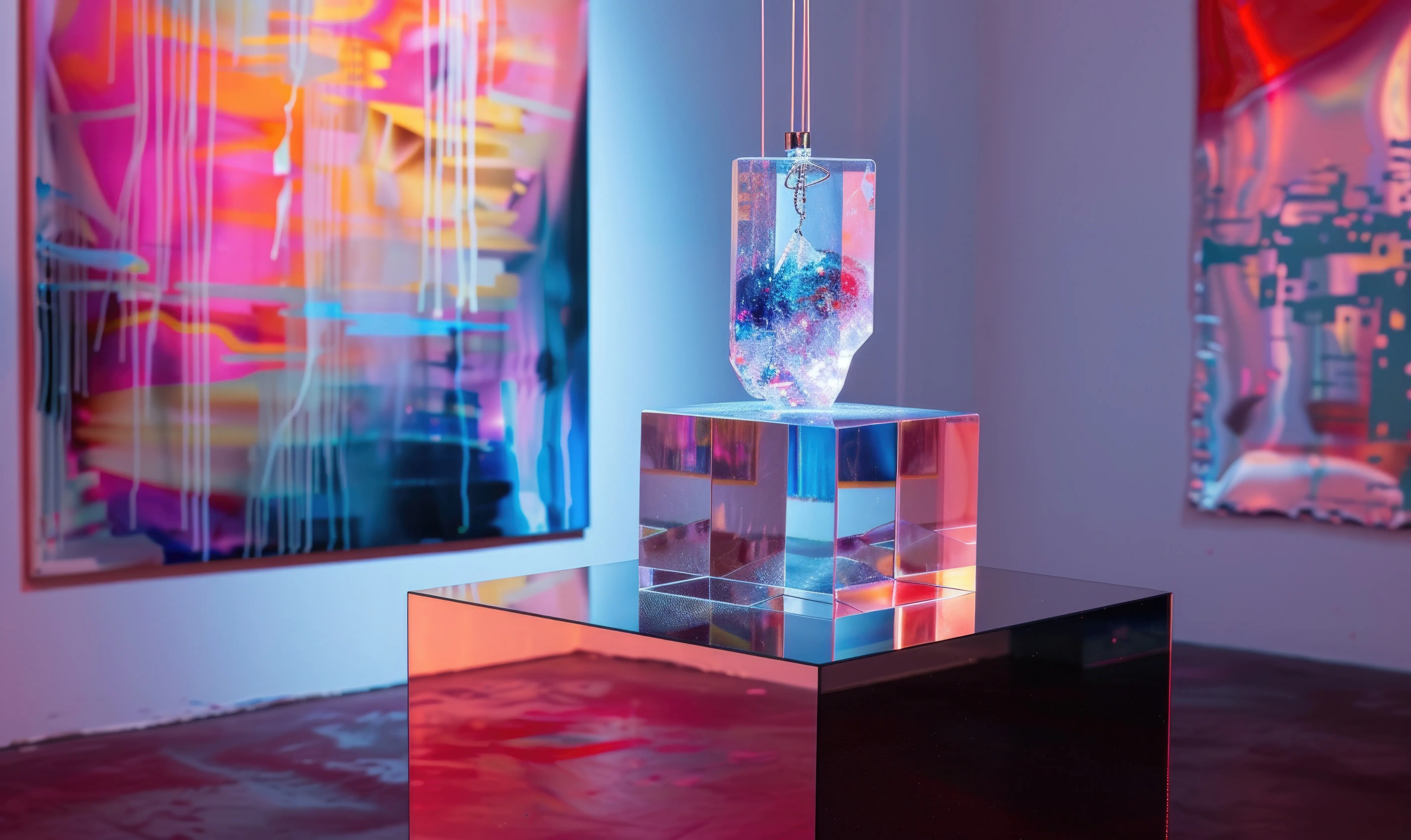 Ein kristallklares Acrylpodest mit geometrischen Kanten präsentiert einen Edelsteinanhänger vor einem abstrakten Hintergrund.