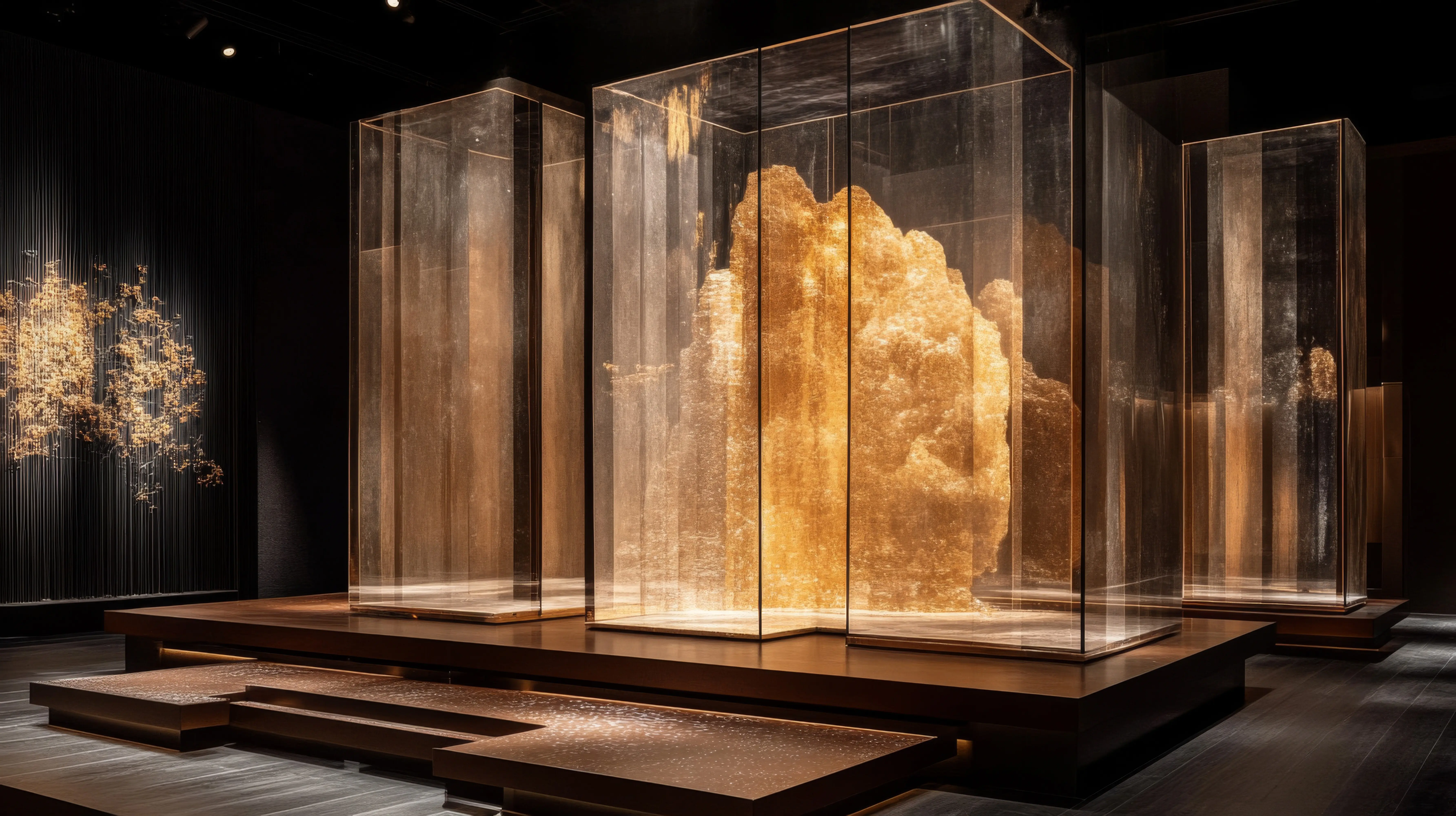 Goldene Skulptur in Glasvitrinen ausgestellt.